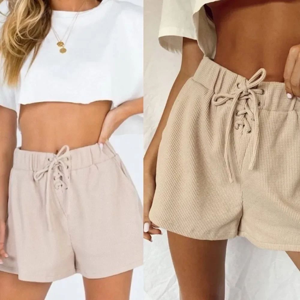 Princess Polly Lovers Lane Shorts waffle knit lace up hi rise tan beige Size 0